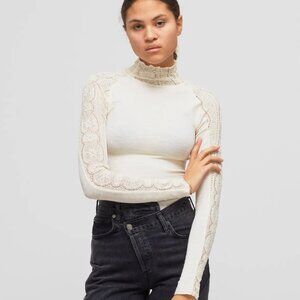 Free People Freddie Cream Long Sleeve Ribbed Lace Women's Medium Boho Turtleneck